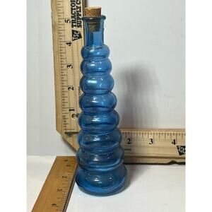 Handmade Blue Recycled Glass Bottle with Cork Stopper Spain Art Glass Decor